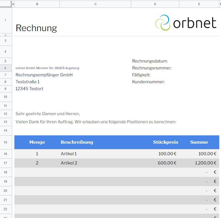 Rechnungsvorlage Google Tabellen von orbnet.de